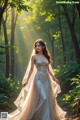 A woman in a wedding dress walking through a forest.