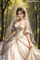 A woman in a wedding dress standing in the woods.