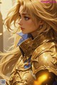 A woman with long blonde hair wearing a gold armor.