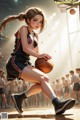 A girl in a basketball uniform holding a basketball on a court.