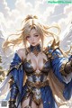 A woman in a blue and gold outfit holding a sword.