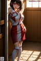 A woman in a red and white uniform leaning against a wall.